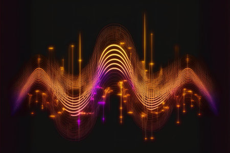 Abstract background with equalizer effect. Neon lights. Sound waves. Event flayer. Dance, house, techno party. Generative AIの素材