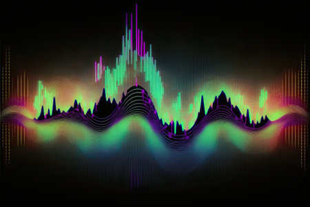 Abstract background with equalizer effect. Neon lights. Sound waves. Event flayer. Dance, house, techno party. Generative AIの素材