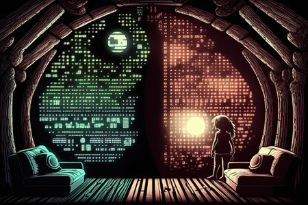 Representation of artificial intelligence in the form of a woman and 8-bit graphics.の素材