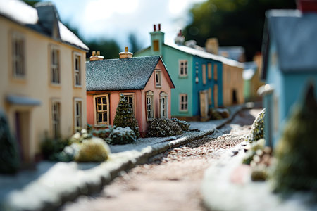 Tinyland of small cozy colorful houses in a frozen landscape. Generative and othersの素材