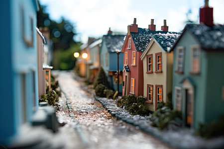 Tinyland of small cozy colorful houses in a frozen landscape. Generative and othersの素材