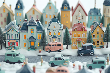 micro landscape of a City in fairy tales, Christmas atmosphere, under snow, close-up, in the style of miniature, Isometric, clay world, pastel color, shinny.の素材