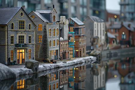 micro landscape of a City in fairy tales, Christmas atmosphere, under snow, close-up, in the style of miniature, Inspired by the city of Dublinの素材