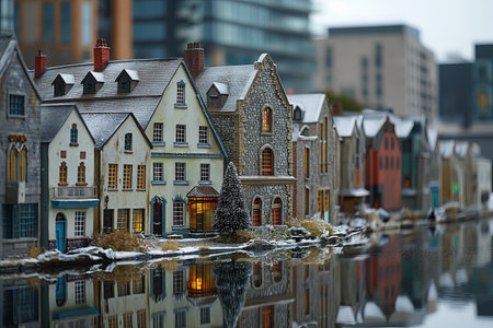 micro landscape of a City in fairy tales, Christmas atmosphere, under snow, close-up, in the style of miniature, Inspired by the city of Dublinの素材