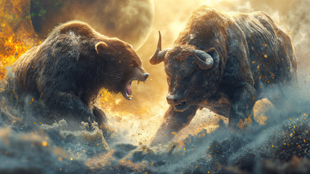 Bull and Bear in Stylized Market Battle.の素材