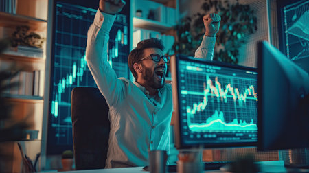 A young male trader jumps out of his chair with joy while looking at the green candles in the chart on the monitor.の素材