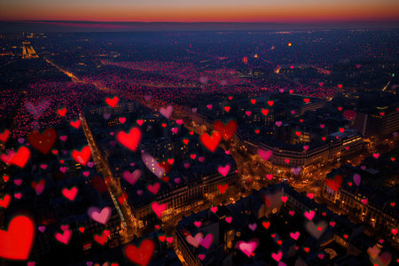 Saint Valentine theme. Hearts fall into the big city with a bird's eye viewの素材