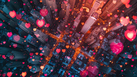 Saint Valentine theme. Hearts fall into the big city with a bird's eye viewの素材