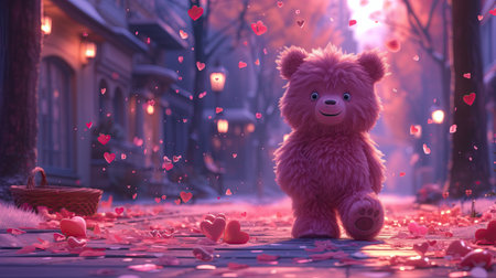 A pink teddy bear walks through the streets and countryside on Valentine's Day, throwing heartsの素材