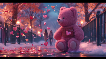A pink teddy bear walks through the streets and countryside on Valentine's Day, throwing heartsの素材