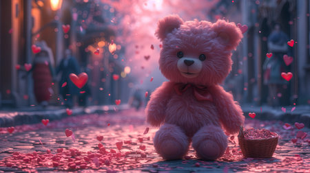 A pink teddy bear walks through the streets and countryside on Valentine's Day, throwing heartsの素材