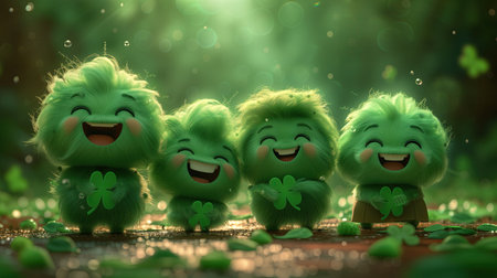cartoon illustration, funny irish gnomes in the natural green mysterious forest. Saint Patrick dayの素材