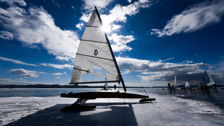 Riding a buoy on the frozen Lake Baikal in winter, Russiaの写真素材