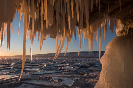 Icicles on Lake Baikal in winter, Siberia, Russiaの写真素材