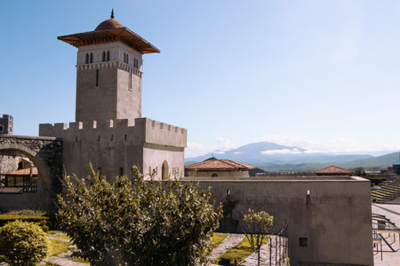 A majestic watchtower stands tall within the walls of Rabati Castle in Akhaltsikhe, Georgia. The...