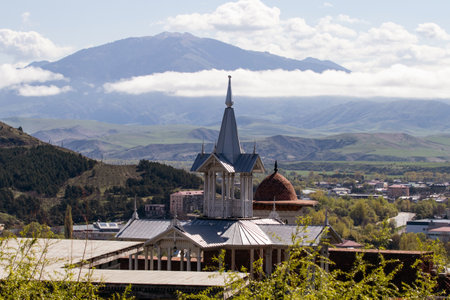 A majestic watchtower stands tall within the walls of Rabati Castle in Akhaltsikhe, Georgia. The medieval structure, complete with fortified walls.の写真素材