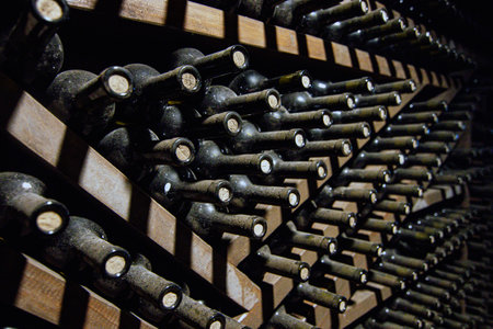 Wine bottles in the cellar of a winery, close-up