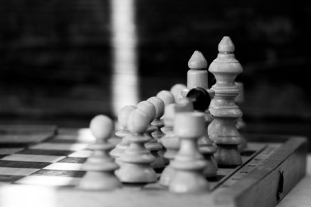 Chess on a chessboard. Black and white photo with shallow depth of field.