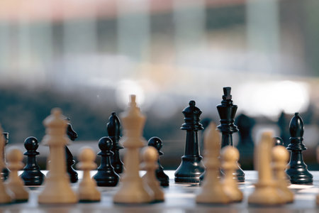 Chess pieces on the board. Selective focus. Shallow depth of field.の写真素材