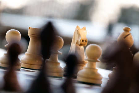 Chess pieces on a chessboard, shallow depth of field.の写真素材