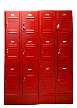 Wall of school gym lockers in bright red, isolated on white background.