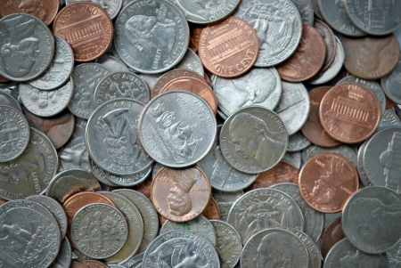 An assortment of US coins showing varying degrees of wear