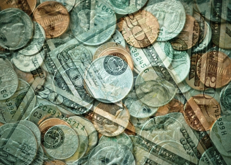 US twenty dollar bills and mixed denomination coins の写真素材