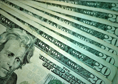 An array of US twenty dollar bills