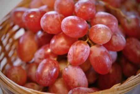 Closeup of a basket of red grapes; shallow DOF の写真素材