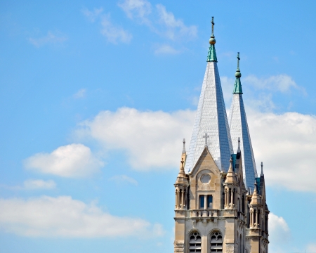 The twin steeples of St  Joseph s church in Joliet, Illinois, USAの写真素材