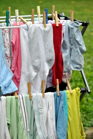 Laundry drying on a rack の写真素材