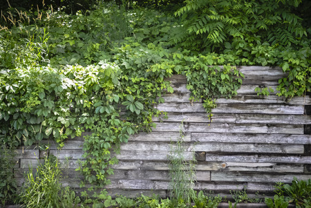 Retaining wall made of railroad tiesの写真素材