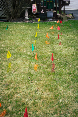 Flags mark the location of buried utility supply lines, a different color for each utility: electric power, natural gas, telecommunications, and water supply, so construction crews do not damage them.の写真素材