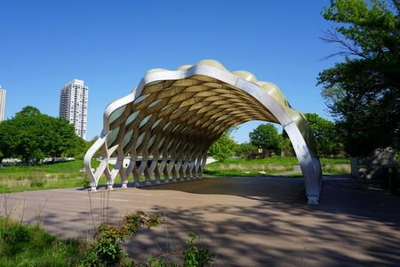 Chicago, IL, USA - May 25, 2018 - Nature Boardwalk structure by Studio Gang Architects at the South Pond of Lincoln Park Zoo on a sunny day of springのeditorial素材