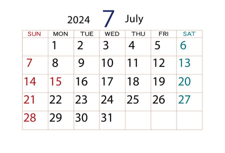 Calendar for July 2024 on a white background. Vector illustration.のイラスト素材