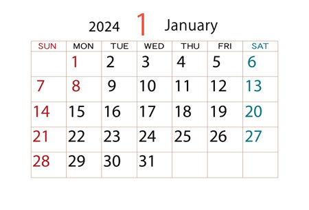 Calendar for January 2024 on a white background. Vector illustration.のイラスト素材