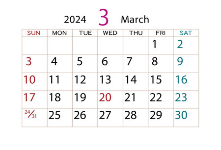 Calendar for March 2024 on a white background. Vector illustration.のイラスト素材