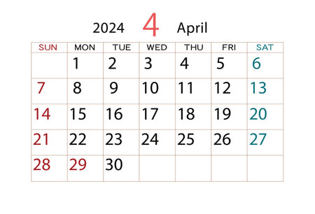 Calendar for April 2024 on white background. Vector Illustration.のイラスト素材