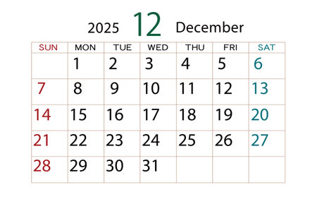Calendar for December 2025 on white background. Vector Illustration.のイラスト素材