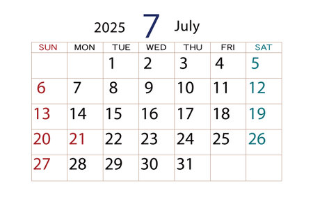 Calendar for July 2025 on white background. Vector Illustration.のイラスト素材