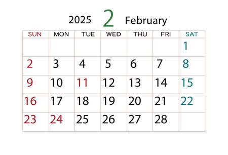Calendar for February 2025 on white background. Vector Illustration.のイラスト素材