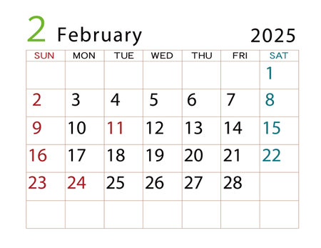 Calendar for February 2025 on white background. Vector Illustration.のイラスト素材