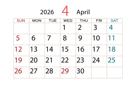 Calendar for April 2026 on white background. Vector Illustration.のイラスト素材