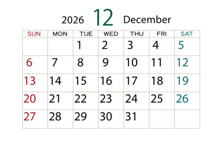 Calendar for December 2026 on white background. Vector Illustration.のイラスト素材