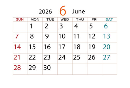 Calendar for June 2026. Week starts from Monday. Vector illustration.のイラスト素材