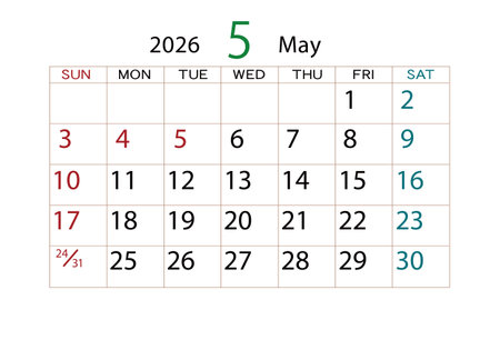 Monthly calendar for May 2026 on white background. Vector illustration.のイラスト素材