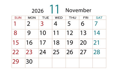 Calendar for november 2026 on white background. Vector illustration.のイラスト素材