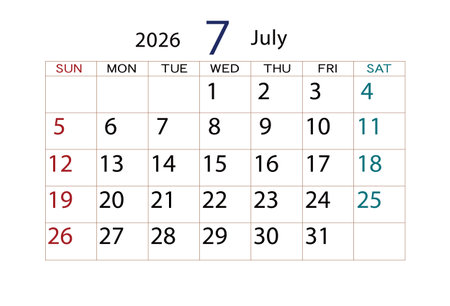Calendar for July 2026 on a white background. Vector illustration.のイラスト素材