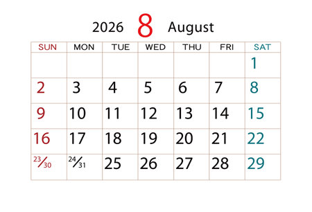 Calendar for August 2026 isolated on white background. Vector illustration.のイラスト素材