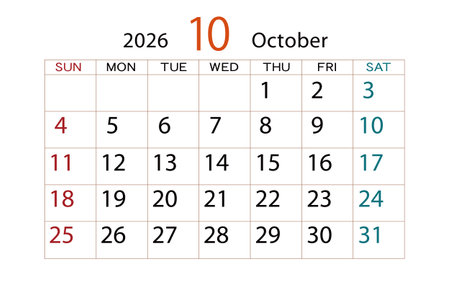 Calendar for October 2026 isolated on white background. Vector illustration.のイラスト素材